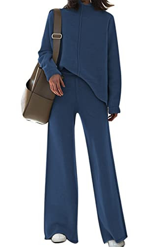 Viottiset Women's 2 Piece Outfits Turtleneck Sweater Top Wide Leg Pants Casual Knit Sweatsuit Lounge Set Navy Blue S | Amazon (US)