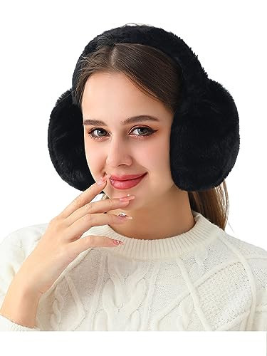 LA CARRIE Unisex Winter Foldable Earmuffs Plush Faux Fur Ear Muffs Outdoor Cold Weather Ear Warmers for Women and Men(Black) | Amazon (US)