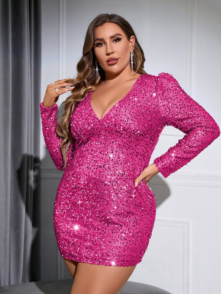 Double Crazy Plus Plunging Neck Puff Sleeve Sequin Bodycon Dress | SHEIN