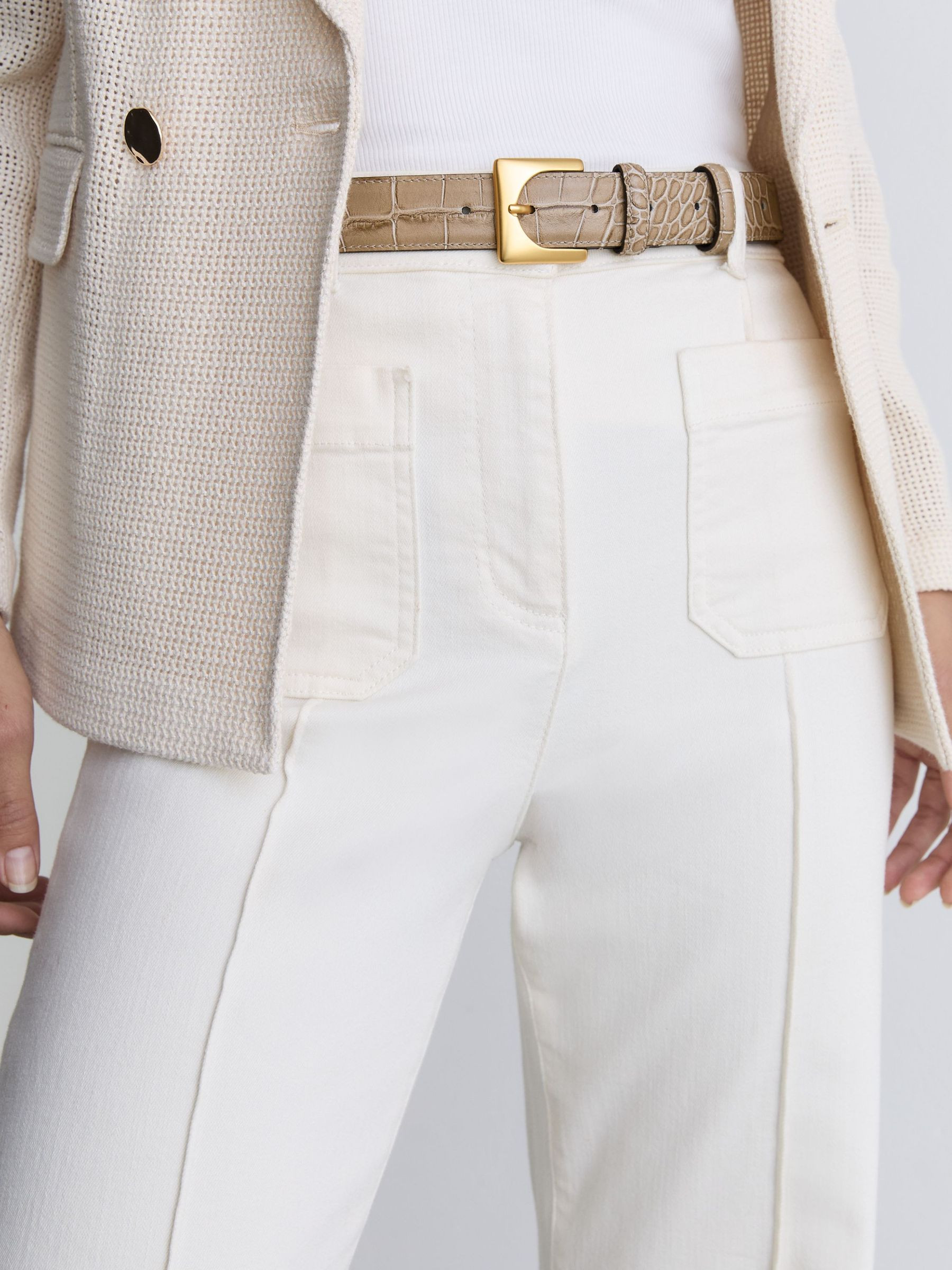 Reiss Croc-Effect Leather Square-Buckle Belt in Stone | REISS | Reiss US