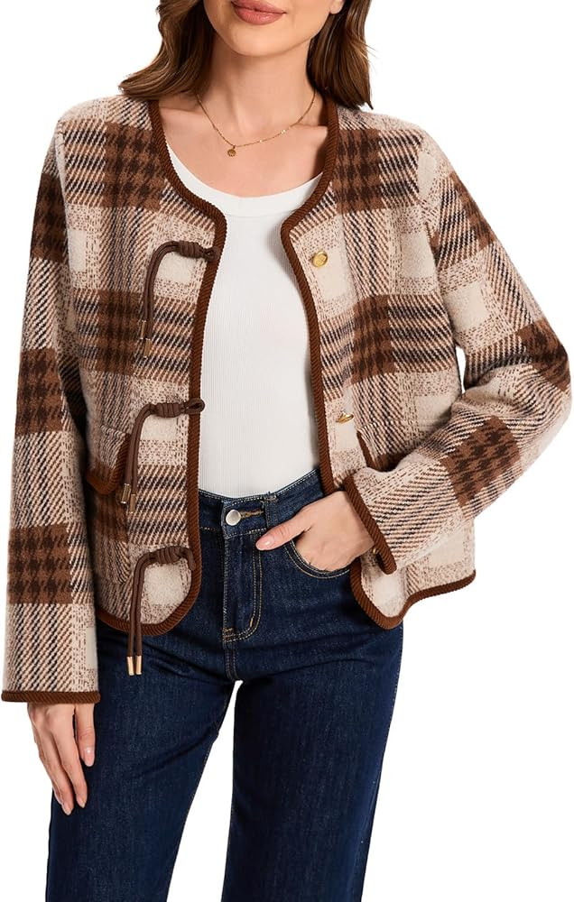 HOULENGS Women's Vintage Button Down Cardigan Sweater Plaid Print Long Sleeve Knit Coat with Pock... | Amazon (US)