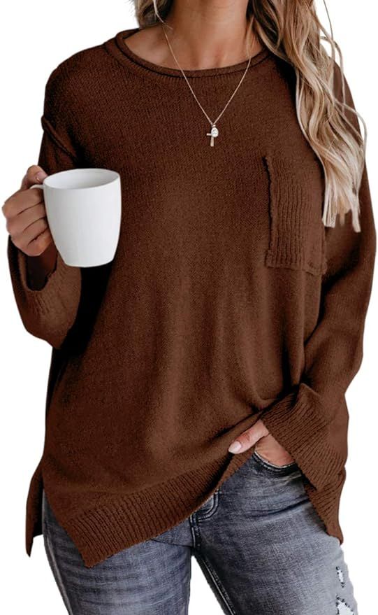 OFEEFAN Sweaters for Women Long Sleeve Side Split Crewneck Pullover Fall Sweater | Amazon (US)