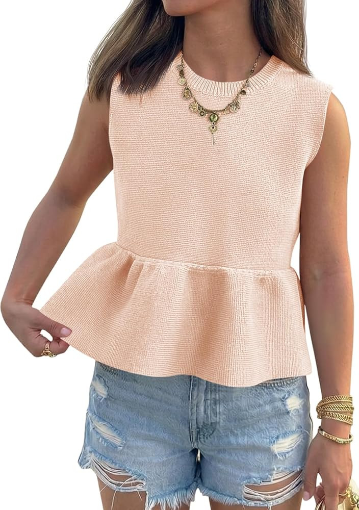 Saodimallsu Womens Sleeveless Babydoll Tank Tops Peplum Ruffle Crew Neck Ribbed Knit Summer Trend... | Amazon (US)