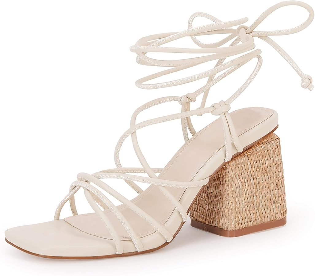 PiePieBuy Women's Lace Up Chunky Braided Heel Sandals Square Toe Strappy Ankle Strap Heels | Amazon (US)