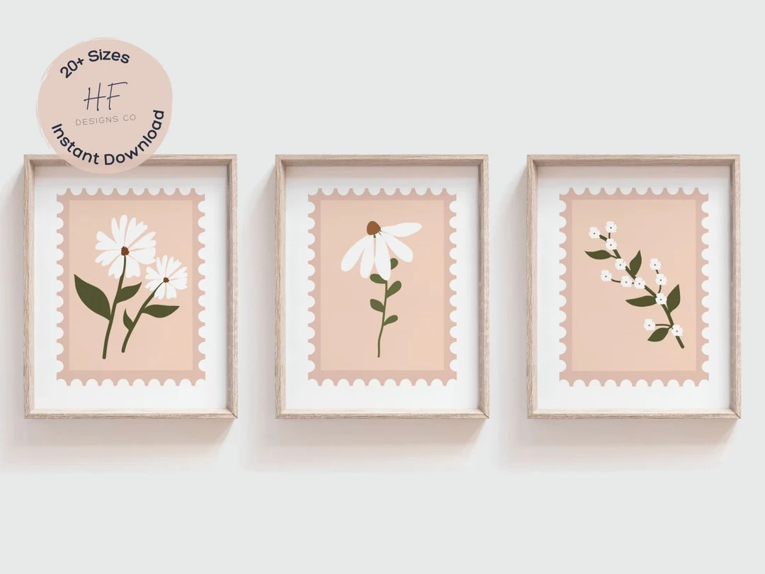 Neutral Nursery Wall Art Prints Set of 3, Girl Nursery Decor, Girls Boho Flower Stamp Posters, Wi... | Etsy (US)