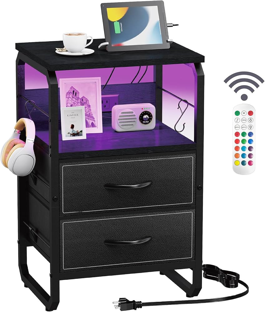 Nightstand with Light, LED End Table with Drawers and Charging Station Type C Port, Small Bedside... | Amazon (US)