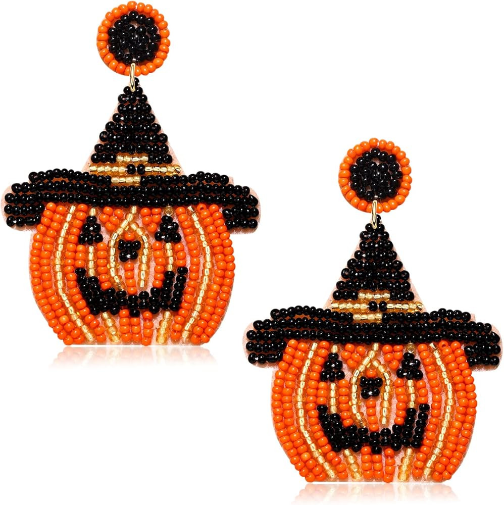Halloween Earrings Handmade Black Witch Hat Candy Corn Pumpkin Skull Beaded Drop Dangle Earrings ... | Amazon (US)