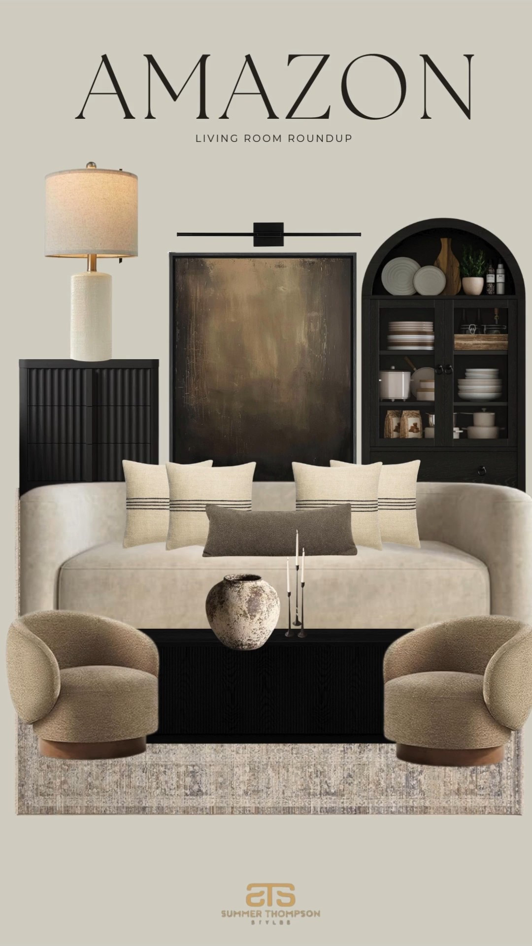 Warm neutrals and timeless living-room textures.

Curved sofa. Cozy swivel chairs. Black console. Framed art. Layered pillows. Ceramic vase. Textured rug. Soft lighting.

#AmazonHome #LivingRoomDecor #NeutralHome



#LTKHome #LTKFindsUnder100