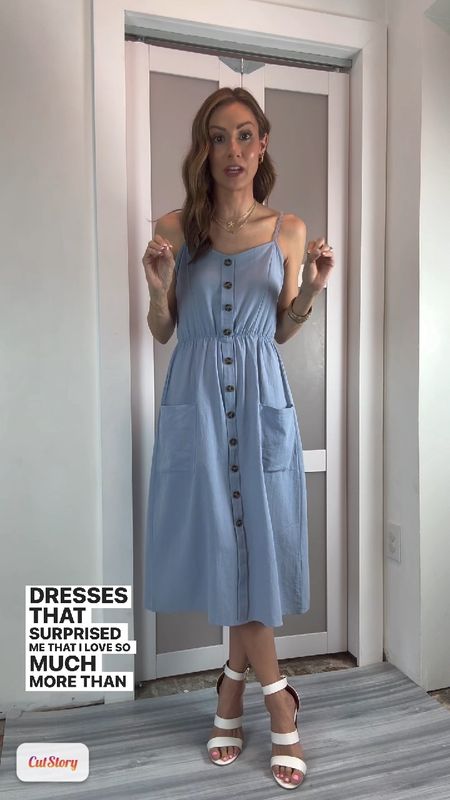 Midi dress love!! This dress comes in  LOTS of colors and patterns. This is the blue but it looks like chambray and is 😍😍 soooo comfy!!! Top back has ruching for a comfy fit. I also love the big pocket detail in the front. I’m wearing a size small. My shoes are old so I’m linking similar along with all in stock jewelry! This is a great vacation outfit, baby shower outfit, or any day event this spring and summer! 

#LTKparties #LTKVideo #LTKfindsunder50