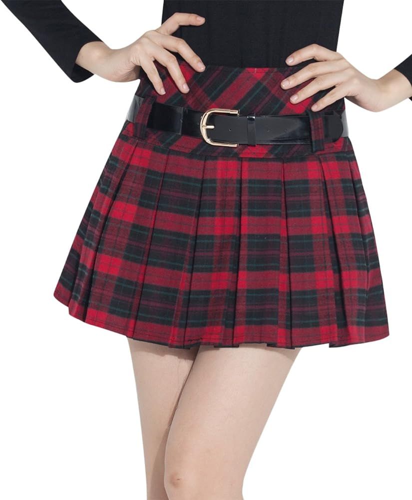 chouyatou Women's A-Line Plaid Wool Blend Pleated Skirt Side Zipper | Amazon (US)