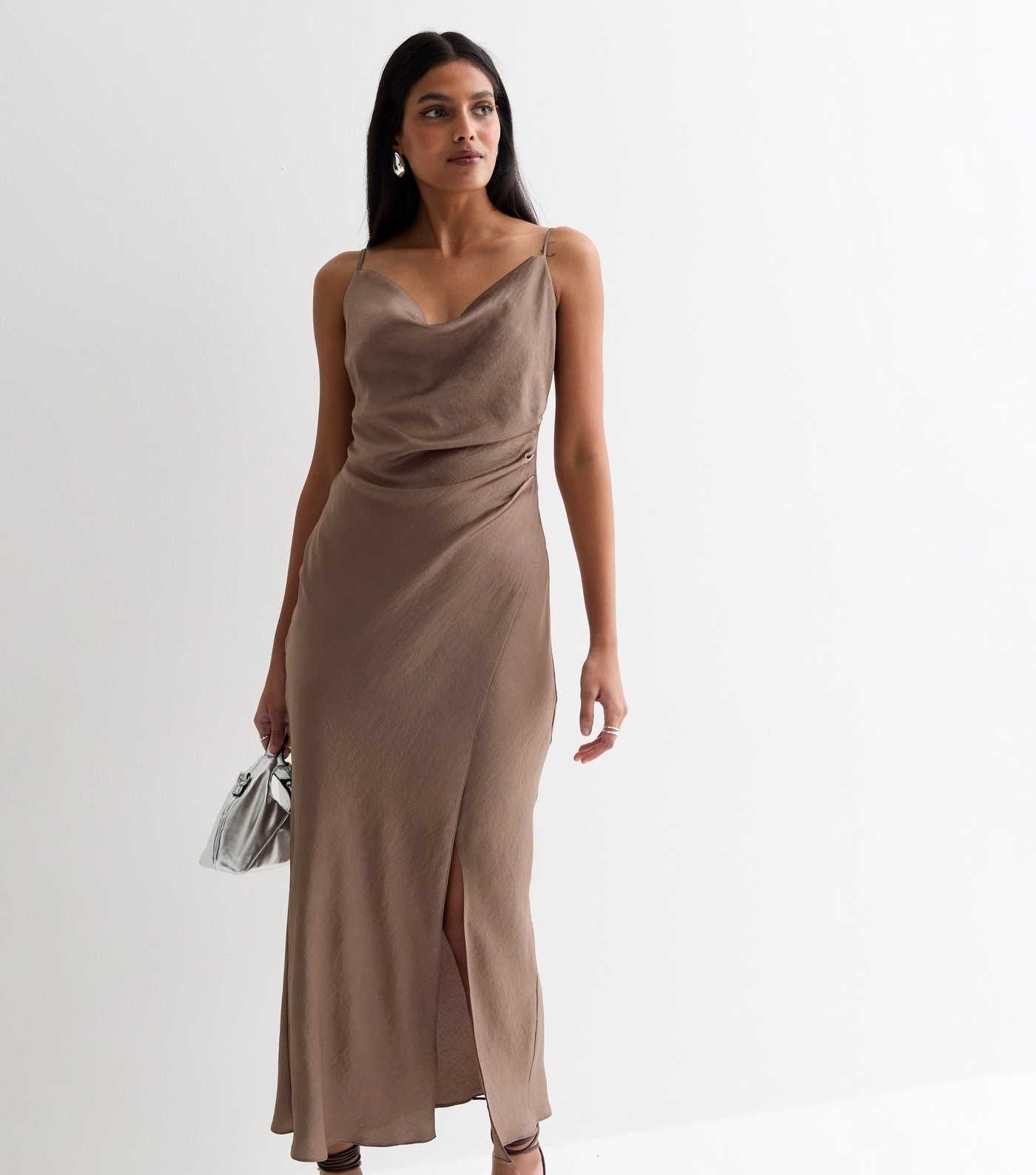 Mid Brown Satin Cowl Neck Strappy Wrap Front Midi Dress | New Look | New Look (UK)