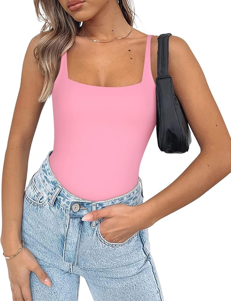 Saungkuai Women's Square Neck Sleeveless Open Back Tank Top Thong Bodysuit | Amazon (US)