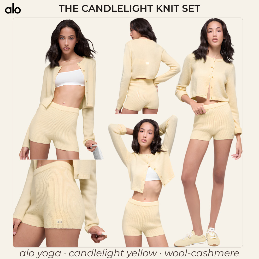 @Alo Yoga Elevated Loungewear  | Candlelight Yellow Cashmere-Wool Knit Cardigan & Shorts Set ✨

The Candlelight Alo knit set that makes cozy look so E X P E N S I V E!! 

This is not just another matching set — this is the kind of elevated wool-cashmere lounge set that makes getting dressed feel effortless, polished, and worth the splurge.

I did the digging for you, and if you’re going to invest in one luxe cozy set, this is exactly the kind that makes sense. 

The Candlelight shade gives you that soft butter-cream look that feels fresh, feminine, and expensive without being loud. 

It’s the perfect in-between: softer than white, prettier than beige, and way more special than a basic neutral.

This is the set for those days when sweats feel too sloppy, jeans feel too uncomfortable, and you still want to look like you have taste. 

Think slow mornings, coffee runs, travel days, lounging, weekend errands, post-Pilates plans, cozy nights in, or anytime you want comfort without giving up the “put together” factor.

The best part is that every piece works beyond the full set. 

Wear it together for the full soft-luxury moment, or split it up and style the cardigan with denim, the knit shorts with a tank or oversized tee, and the full look with sneakers, gold jewelry, a slick bun, or a clean minimal tote.

Yes, it’s a splurge — but this is exactly why: it doesn’t feel trendy or throwaway. It feels timeless, wearable, flattering, and like the kind of outfit you’ll keep reaching for because it makes comfort look elevated.

✨ If you’re going to treat yourself to a cozy set, make it the one that feels feminine, luxe, and expensive the second you put it on.

↓ Everything is linked!

#LTKActive #LTKSaleAlert #LTKTravel