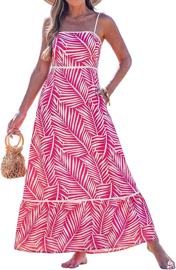 popvil Women Summer Maxi Dress 2026 Spaghetti Strap Long Beach Dress Boho A-Line Flowy Casual Sle... | Amazon (US)