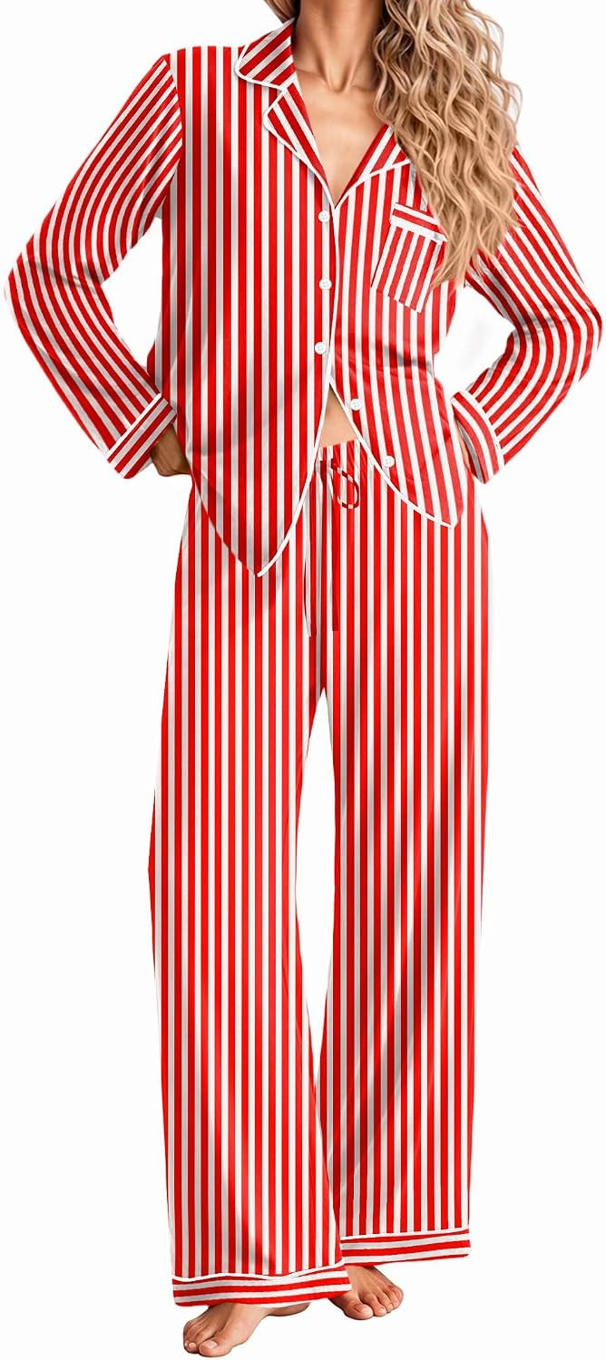 Ekouaer Women Christmas Pajama Long Sleeve Button Up Loungewear Striped Pjs | Amazon (US)