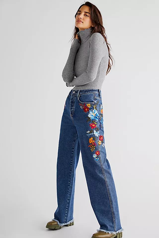 Driftwood Ollie Embroidered Wide-Leg Jeans | Free People (Global - UK&FR Excluded)