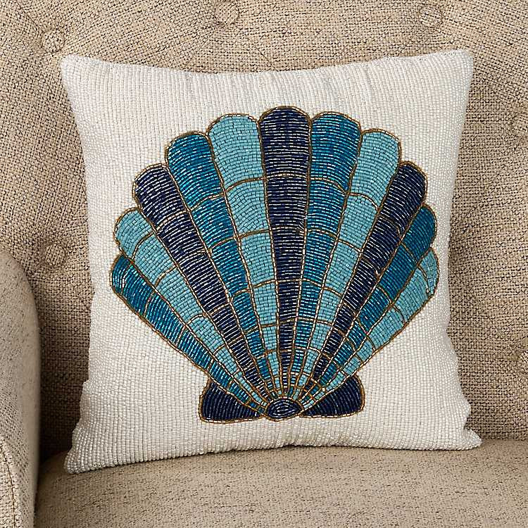 New! Blue Beaded Seashell Pillow | Kirklands