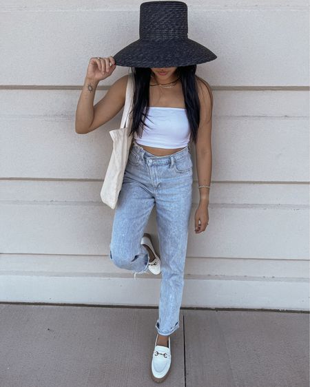Bandeau top, tube top, straight leg jeans (tts), white loafers, gold jewlery from Kendra Scott, Gigi pip straw hat // fall outfit, loafer outfit, fall transition, summer to fall, meir, ameirylife 

#LTKSeasonal #LTKU #LTKshoecrush