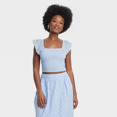 Women's Eyelet Flutter Short Sleeve Blouse - Universal Thread™ Blue | Target