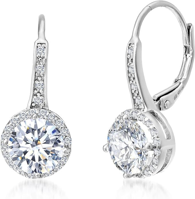 925 Sterling Silver Cubic Zirconia Halo Lever Back Dangle Bridal Earrings for Women | Amazon (US)