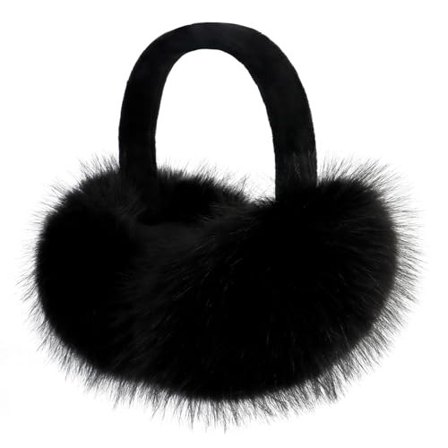 POMIJIAN Winter Women Earmuffs Furry Faux Fur Ear Muffs Fluffy Comfy Ear Warmer Girls Foldable Velvet Plush Ear Covers (A-black) | Amazon (US)