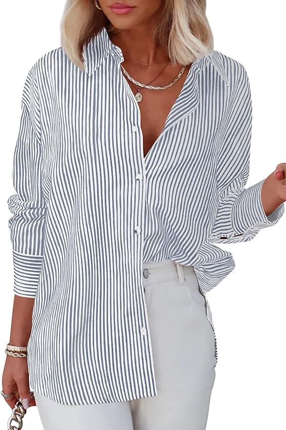 Diosun Womens Striped Button Down Shirts Classic Long Sleeve Stylish Collared Office Work Blouses... | Amazon (US)