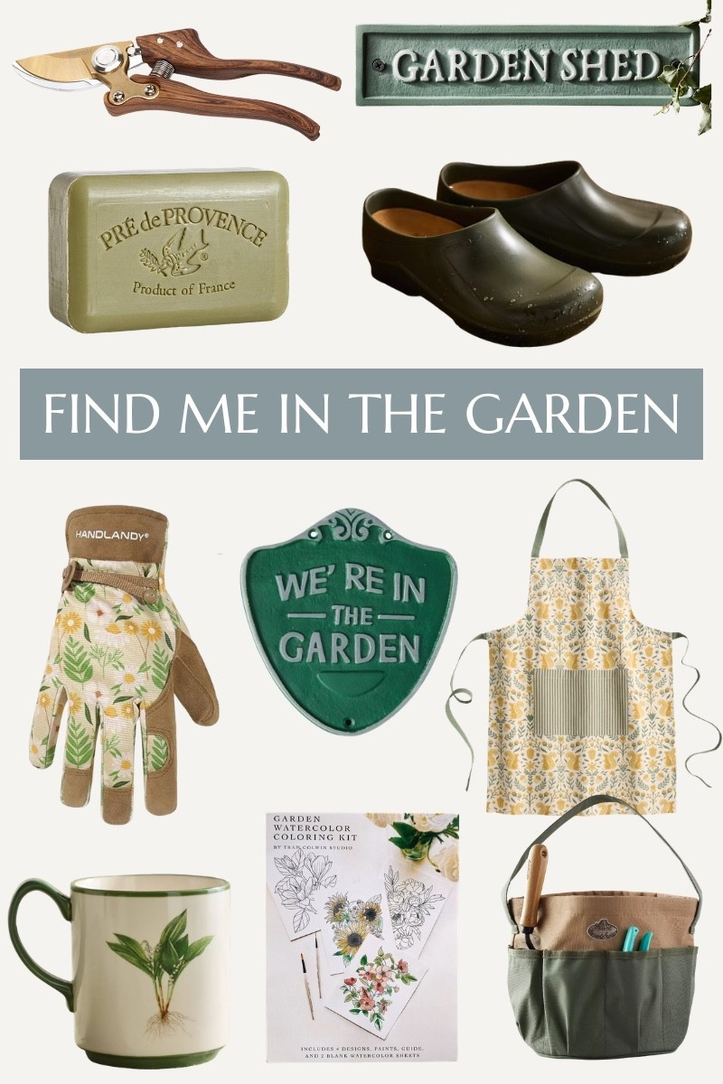 Find Me In The Garden
Garden clogs, pruning shears, garden gloves, garden tote, harvest bag, natural hand soap, garden shed sign 
gardening essentials for women | garden clogs waterproof | pruning shears | best gardening gloves | garden tool bag | harvest bag | natural hand soap | garden shed decor | outdoor garden sign | cottage garden | summer garden | gardening gifts for her | garden accessories 2026

#LTKSeasonal #LTKOver40