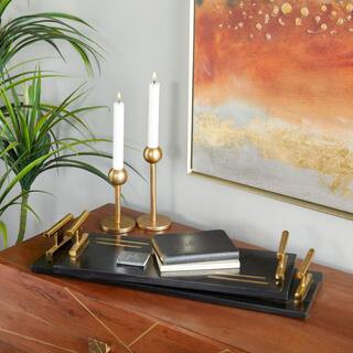 Black Marble Decorative Tray with Gold Handles (Set of 2) | The Home Depot