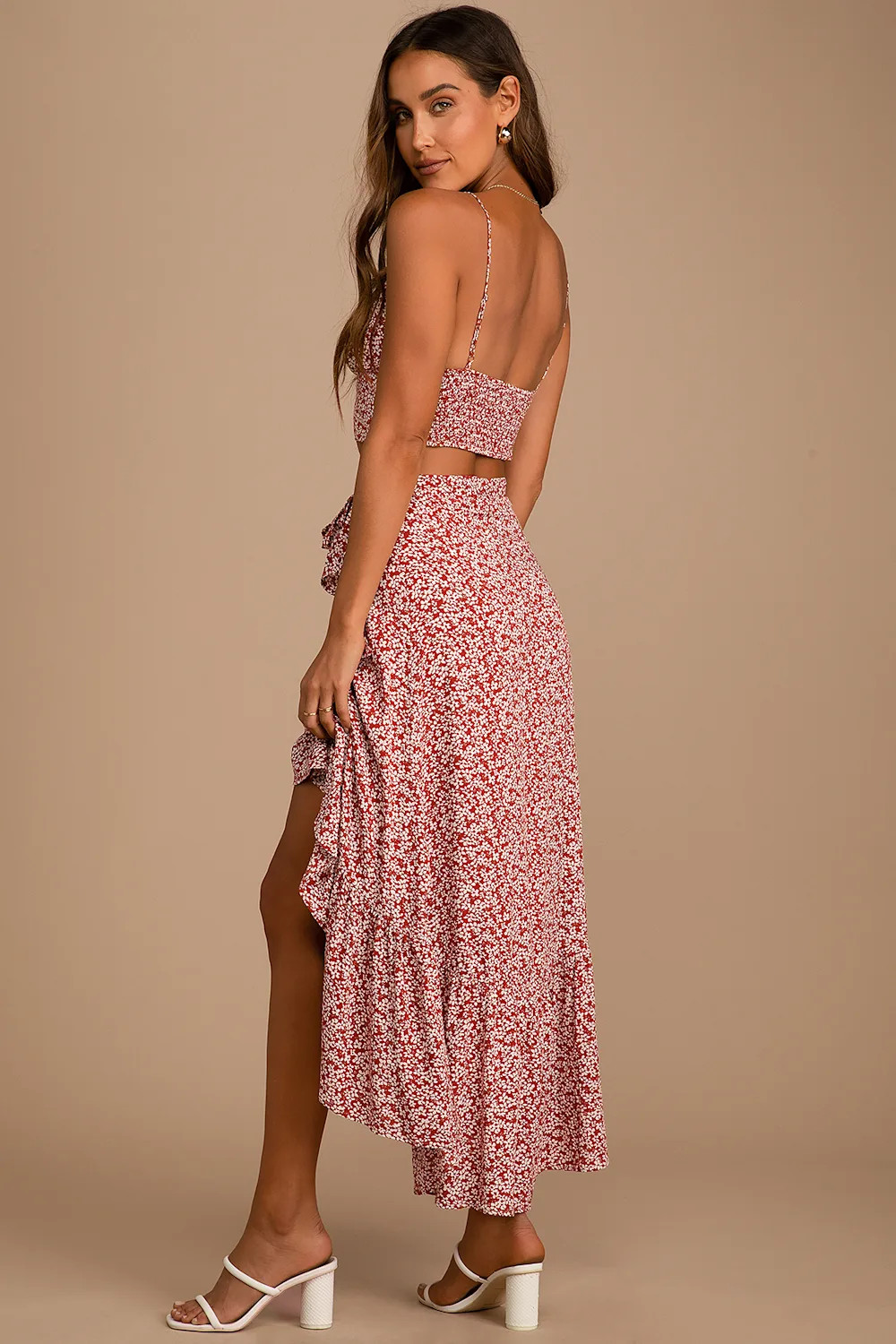 Summer Romance Rust Brown Floral Print Two-Piece Midi Dress | Lulus
