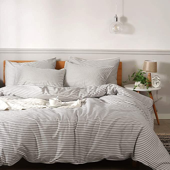 JELLYMONI 100% Natural Cotton 3pcs Striped Duvet Cover Sets,White Duvet Cover with Grey Stripes P... | Amazon (US)