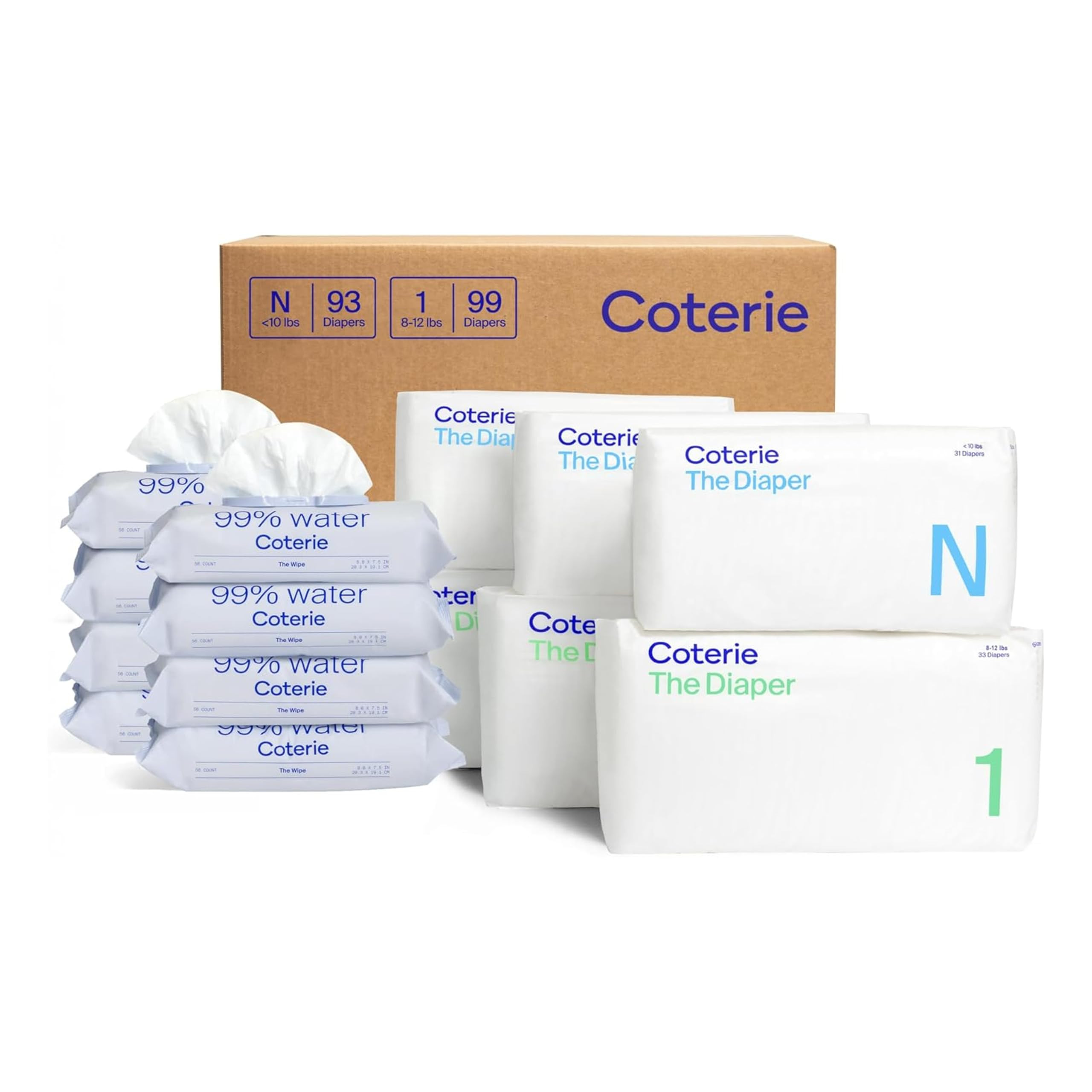 Coterie Baby Wipes + Diapers Kit, Size 1 (99 Count) & Size Newborn Diapers (93 Count), 8 Pack (44... | Amazon (US)