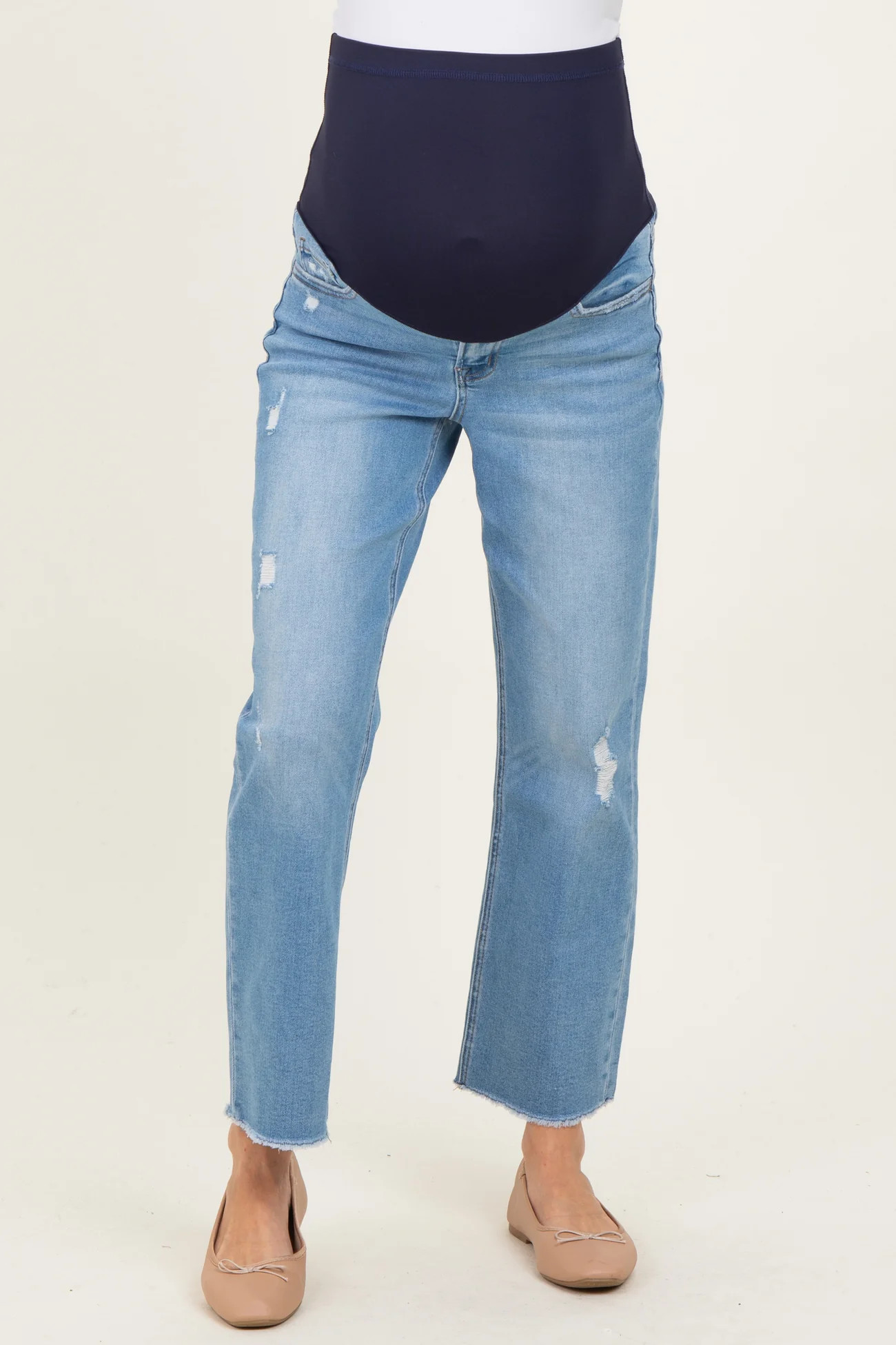 Blue Distressed Raw Hem Cropped Straight Leg Maternity Jeans | PinkBlush Maternity