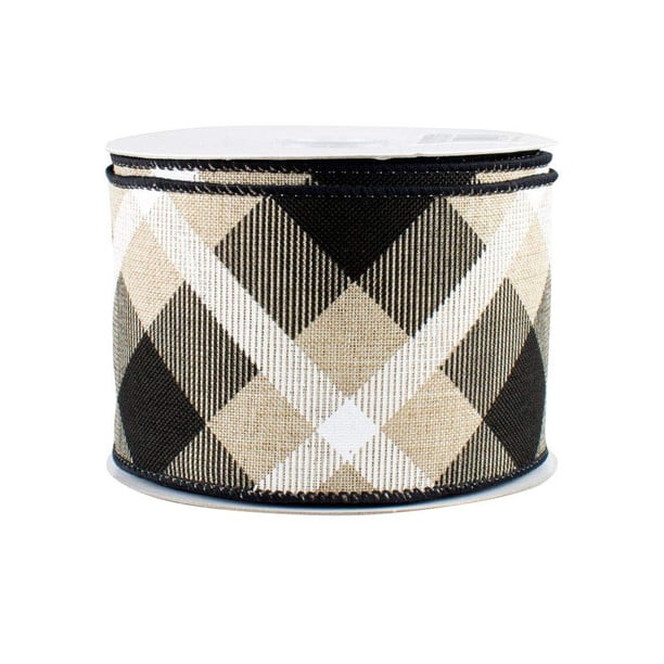 Diagonal Plaid Wired Christmas Ribbon - 2 1/2 inch x 10 Yards, Tan Black and White, Fall, Christm... | Walmart (US)