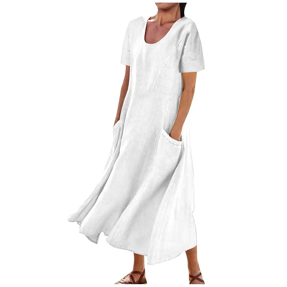 Summer Linen Dress for Women Short Sleeve Beach Dress with Pockets Casual Flowy Maxi Dresses Loos... | Amazon (CA)