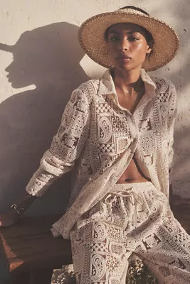 BLITHE Long-Sleeve Layered Boyfriend Lace Shirt | Anthropologie (US)