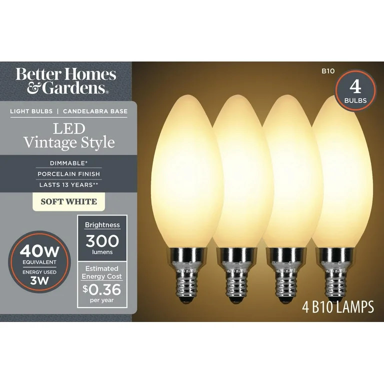 Better Homes & Gardens B10 Vintage LED Light Bulb, 40 watts Soft White Porcelain, E12, Dim, 4 Pac... | Walmart (US)