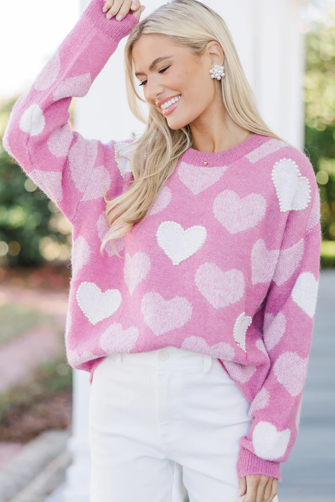 Feeling The Love Pink Heart Pearl Detailed Sweater | The Mint Julep Boutique