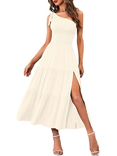 MEROKEETY Women's Summer One Shoulder Smocked Dress Solid Flowy Tiered Beach Midi Long Dresses,Beige,M | Amazon (US)