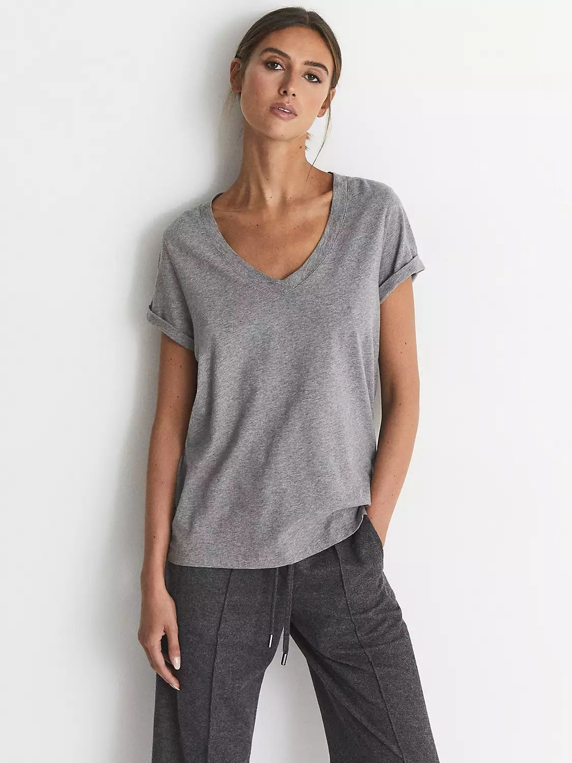Reiss Luana Cotton V-Neck T-Shirt, Grey Marl | John Lewis (UK)