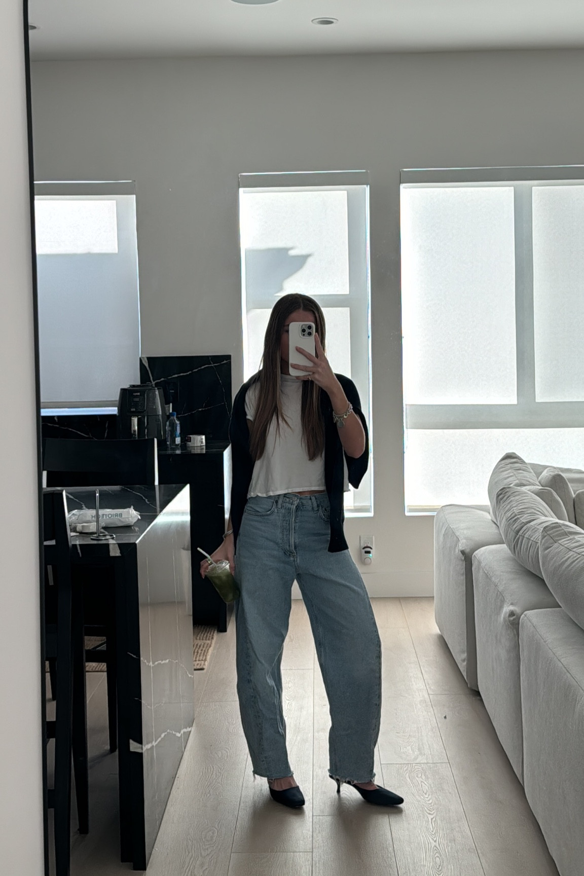 church outfit for today! 

#sweater #whitetee #barreljean #agolde #laroudde #blueheel #navyheel #quince #investmentpieces #miumiu