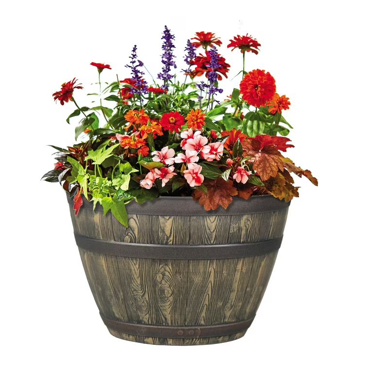 Better Homes & Gardens 20" x 20" x 13" Round Brown Resin Whiskey Barrel Plant Planter with Weathe... | Walmart (US)