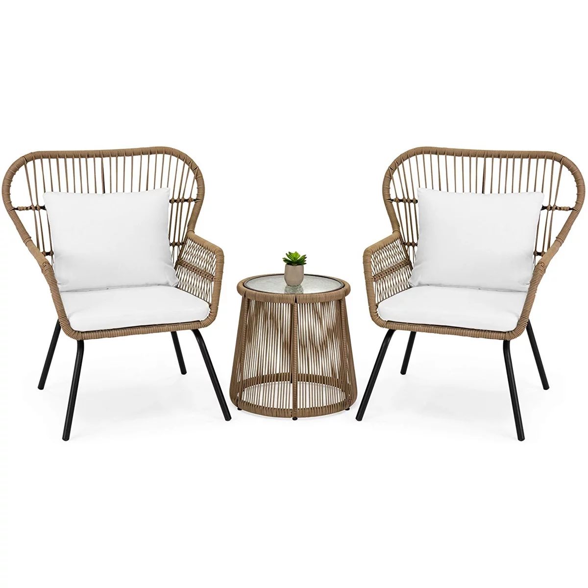 3-Piece Patio Wicker Conversation Bistro Set w/ 2-Chairs, Glass Top Side Table, Cushions | Walmart (US)