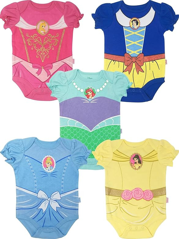 Disney Princess Baby Girls' 5 Pack Bodysuits and Bow | Amazon (US)