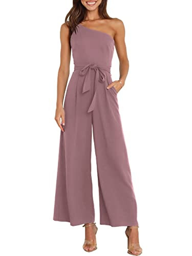 ANRABESS Women Summer Dressy Jumpsuits One Shoulder Sleeveless Casual Wide Leg Pants Romper Jumper 2025 Trendy Outfits Pink Small | Amazon (US)