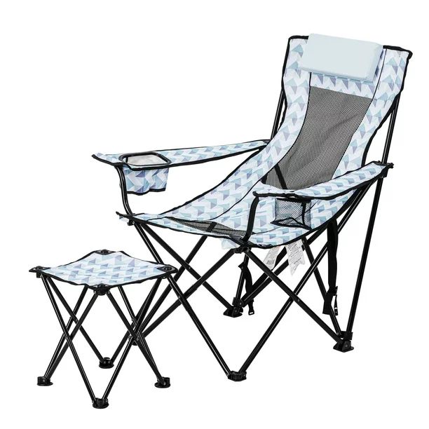 Ozark Trail Lounge Camp Chair with Detached Footrest, Blue and White Geo Design, Padded Headrest,... | Walmart (US)