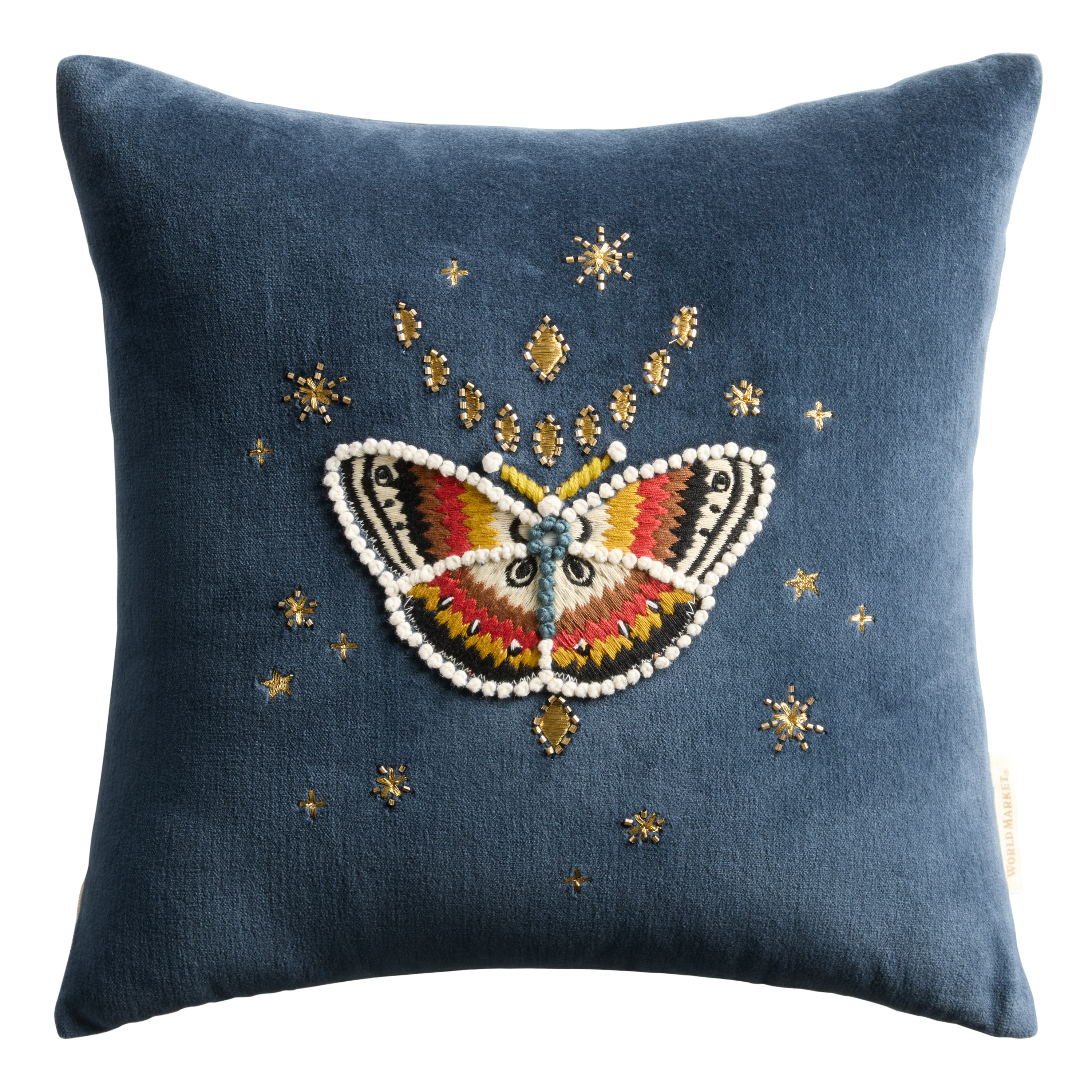 Dark Blue Velvet Beaded Celestial Moth Throw Pillow | World Market