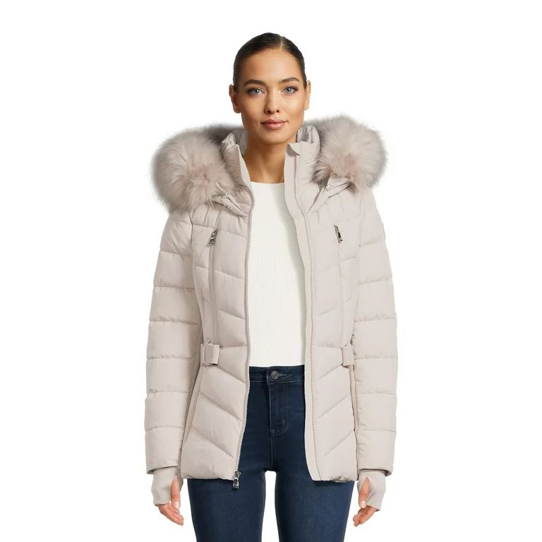 F.O.G. Women's Belted Puffer Coat with Faux Fur Hood, Sizes XS-3X - Walmart.com | Walmart (US)