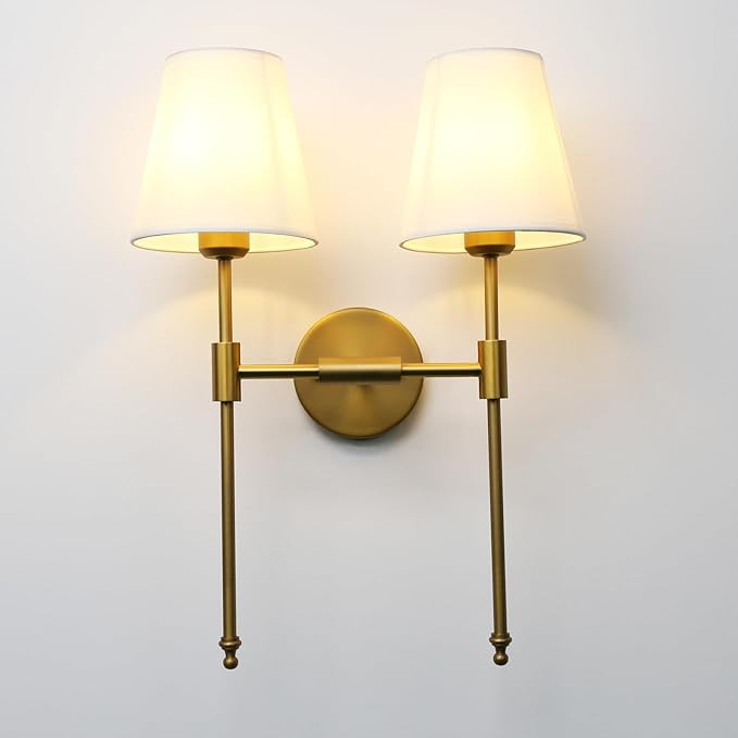 PERMO Classic Rustic Double Sconce Large 2-Lights Wall Sconce with Flared White Textile Lamp Shad... | Amazon (US)