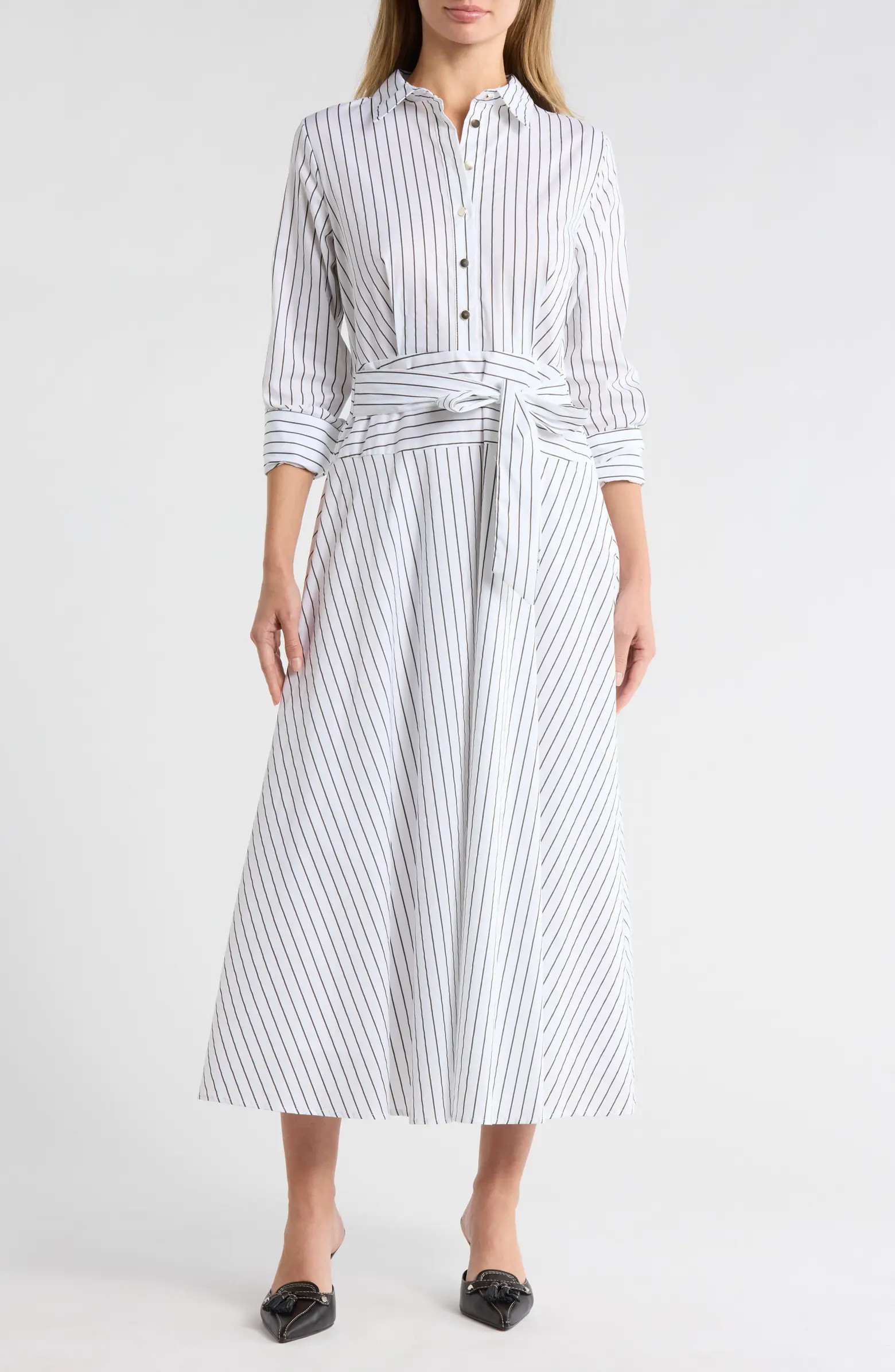 Ellen Tracy Stripe Long Sleeve Stretch Poplin Shirtdress | Nordstromrack | Nordstrom Rack