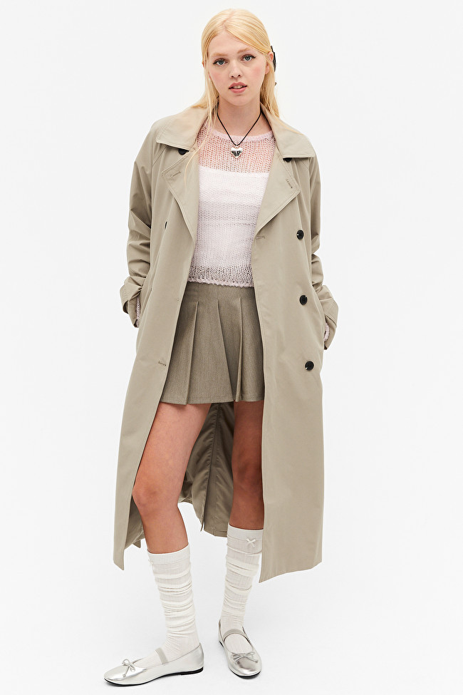 Beige double-breasted mid length trench coat | Monki